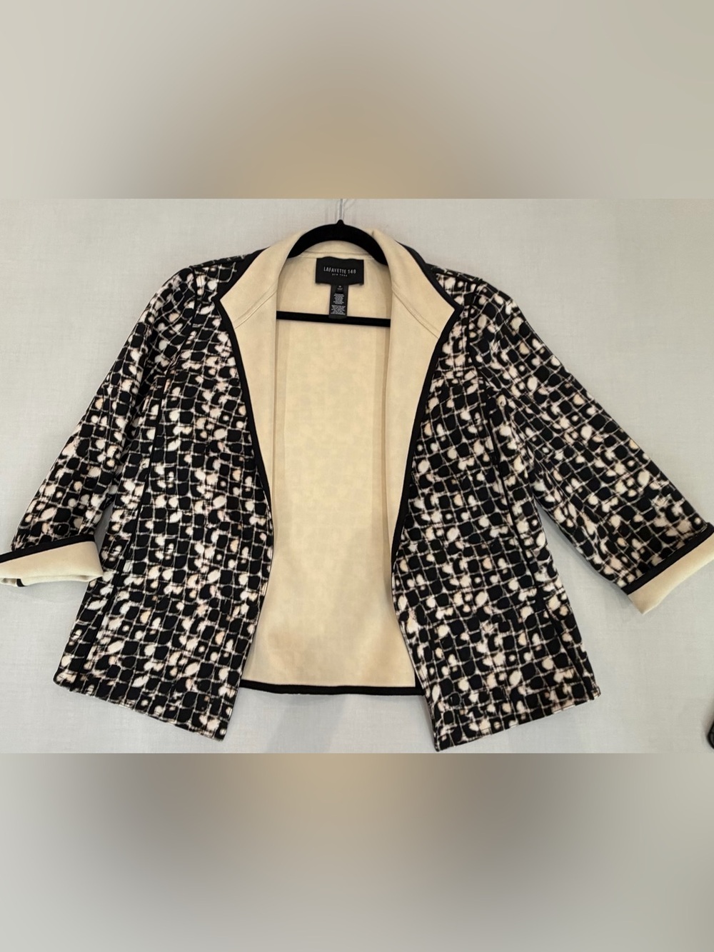 Lafayette 148 New York Open Front Jacket Blazer Black Cream Geo Print Womens M